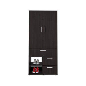 English Elm Armoire with Built-In Mirror and Ample Storage — 4 Doors, 2 Drawers, 4 Shelves, Eco-Friendly Finish Black 74.02 L x 24.8 W x 3.54 H B097S00215