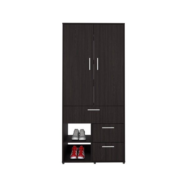 English Elm Armoire with Built-In Mirror and Ample Storage — 4 Doors, 2 Drawers, 4 Shelves, Eco-Friendly Finish Black 74.02 L x 24.8 W x 3.54 H B097S00215