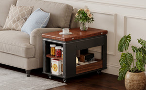 English Elm 27.6'' Modern Multi-Function Coffee Table with Foldable Top, Casters, Multi-Tier Storage & Drawer Black,Walnut N735P328521B