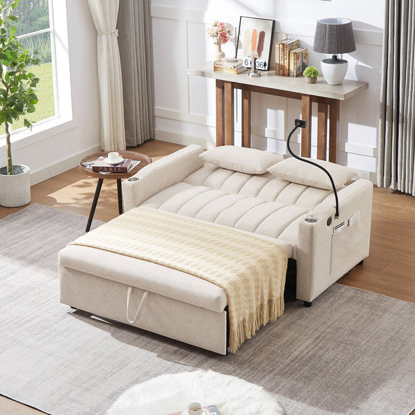 English Elm 55.9" Convertible Sofa Bed Loveseat with 3 USB Ports, Cup Holders, Side Pockets & 360° Phone Swivel Beige WF322620AAA
