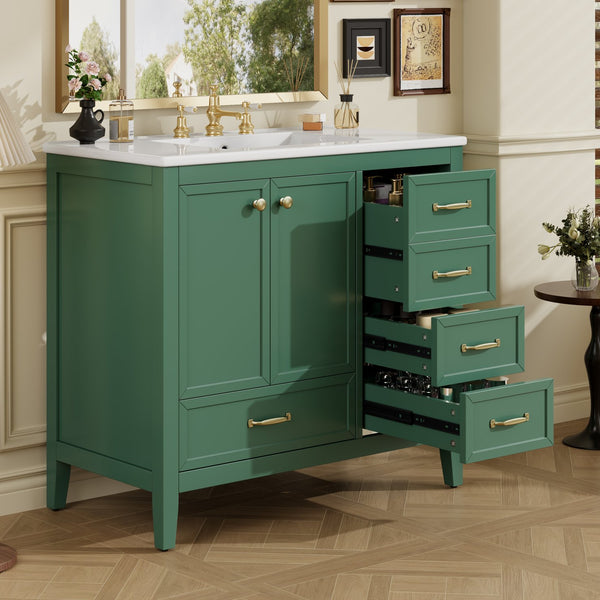 English Elm Christopher Knight Home® - 36" Vintage-inspired Bathroom Vanity with Ceramic Sink, Solid Wood Frame, Soft-Close Drawers, Spacious Storage Green N759P293646F