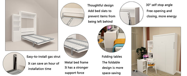 English Elm Queen Plywood Murphy Bed with Table & Shelf, Space-Saving Vertical Wall Bed, Smooth Gas-Strut Foldability W650S00006