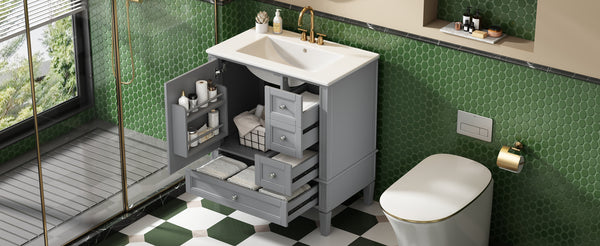 English Elm 30 30 Inch Bathroom Vanity with Ceramic Sink, Modern Compact 3-Drawer Storage Cabinet for Small Baths Grey N710P247499E