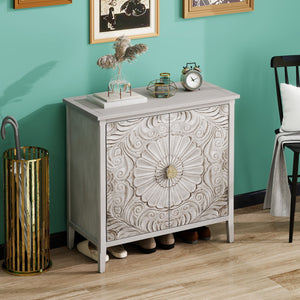 English Elm 2 Door Cabinet with Gold Pattern Handles, Anti-Dump Safety, Non-Slip Feet, Stylish Bedroom Accent (36.23x17.92x10.44) W688P143784