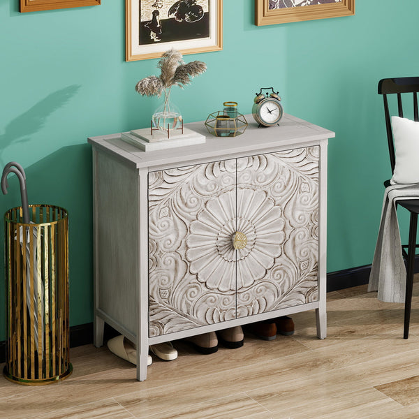 English Elm 2 Door Cabinet with Gold Pattern Handles, Anti-Dump Safety, Non-Slip Feet, Stylish Bedroom Accent (36.23x17.92x10.44) W688P143784