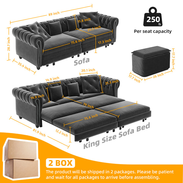 English Elm Chesterfield 3-In-1 Convertible Sofa Bed, Grey Velvet Tufted Sleeper With Ottoman & Pillows, Luxurious Design W1885S00173