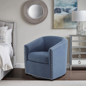 JLA Home Madison Park - Upholstered Swivel Barrel Chair with Nailheads and 360° Smooth Rotation, Plush Foam Comfort Blue MP103-1103