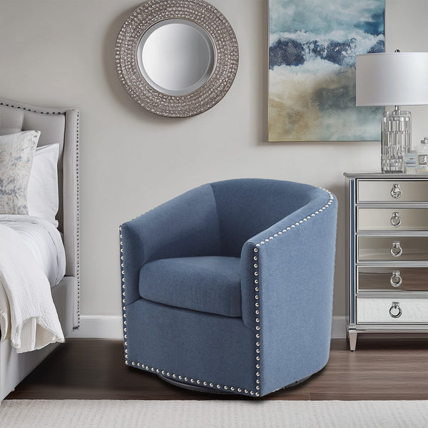 JLA Home Madison Park - Upholstered Swivel Barrel Chair with Nailheads and 360° Smooth Rotation, Plush Foam Comfort Blue MP103-1103