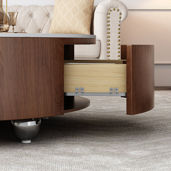 English Elm Rustic Round Coffee Table with Gold Nero Sintered Stone Top, Walnut Base, 2 Soft-Close Drawers, Modern Elegance W3136P304987