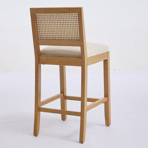 English Elm Full Solid Wood Rattan-Back Bar Stools Set Of 2 - Stylish Beige Cushions For Rustic Kitchen & Café W1143P384367