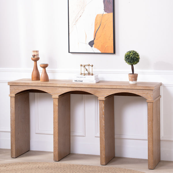 English Elm Rustic Archway Console Table 60" Long Narrow Sofa Table with Arched Legs, Natural Wood Finish, Stable Hallway Foyer Piece W2729P330225