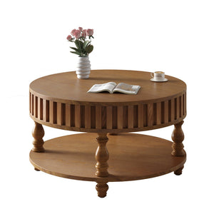 English Elm Farmhouse Fluted Square Coffee Table with Flip Top Hidden Compartment and Open Shelf Walnut Brown W1445P370480