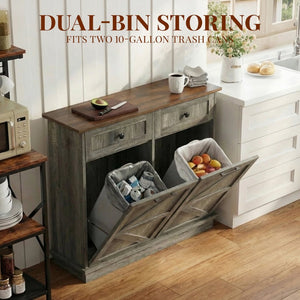 English Elm Double Tilt Out Trash Bin Cabinet with Drawers Odor Blocking Kitchen Laundry Storage Grey+Brown T5831P489239