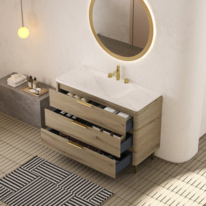 English Elm AMARA 48" Bathroom Vanity with Integrated Sintered Stone Basin, Pre-Assembled Plywood Cabinet, 3 Drawers, Motion Light Carrara White,White Oak W2615P346337