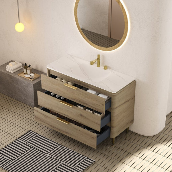 English Elm AMARA 48" Bathroom Vanity with Integrated Sintered Stone Basin, Pre-Assembled Plywood Cabinet, 3 Drawers, Motion Light Carrara White,White Oak W2615P346337