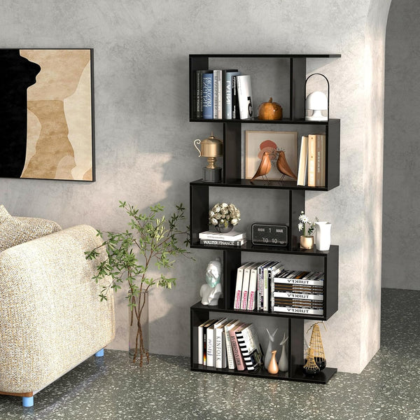 English Elm Five tier minimalist white bookshelf with five shelves for modern storage, durable engineered wood design Black W2139P288171