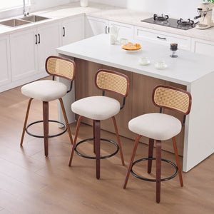 English Elm Set of 2 Swivel Counter Stools Walnut Frame Rattan Back Linen Seat Kitchen Island Beige W1143P392163
