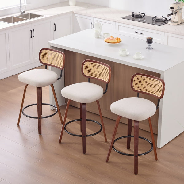 English Elm Set of 2 Swivel Counter Stools Walnut Frame Rattan Back Linen Seat Kitchen Island Beige W1143P392163