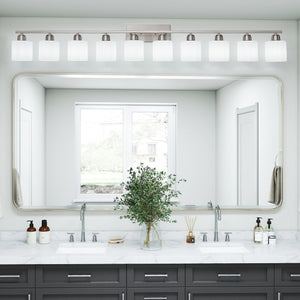 English Elm 10-Light Nickel Vanity Light 34.65in Chrome Farmhouse Wall Sconce with Milky Glass Shades, Dimmable Elegance W2312P374855