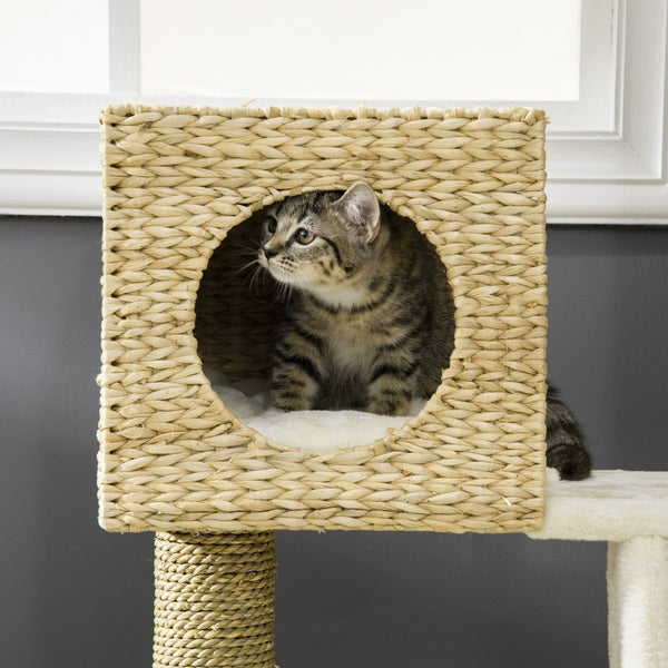 English Elm Cat Tower with Cattail Woven Posts Condo Basket Bed Scratching Ladder Indoor T3971P432005