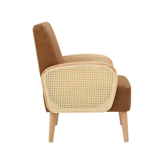 English Elm Faux Leather Accent Chair with Woven Rattan Arms and Tall Wooden Legs for Living Room B2748P493704