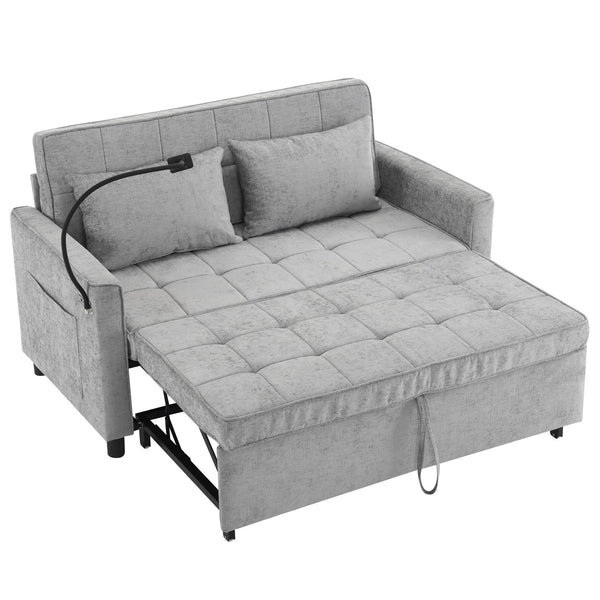 English Elm 56.9" Loveseat Sofa Bed with Chenille Upholstery, USB Ports, Phone Holder, Side Pockets, Reclining Backrest Grey N719P208853E