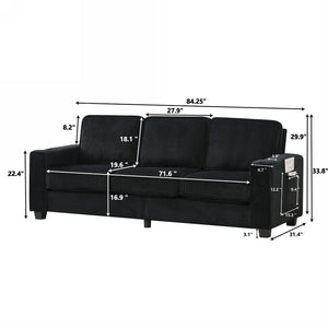 English Elm 84.25-inch Corduroy Three Seater Sofa with Cup Holders Modern Minimalist Living Room Couch Black W288P399981