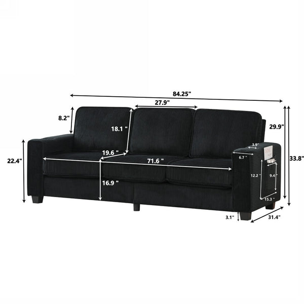 English Elm 84.25-inch Corduroy Three Seater Sofa with Cup Holders Modern Minimalist Living Room Couch Black W288P399981