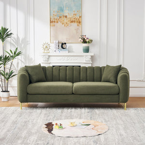 English Elm 85" Oversized Chenille Sofa Luxury 3-Seater Deep Tufted Couch with Gold Metal Legs and Pillows Green W3373S00055
