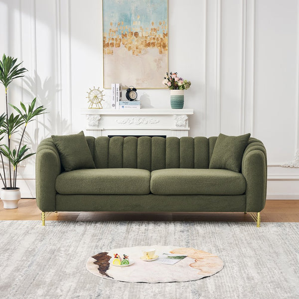 English Elm 85" Oversized Chenille Sofa Luxury 3-Seater Deep Tufted Couch with Gold Metal Legs and Pillows Green W3373S00055