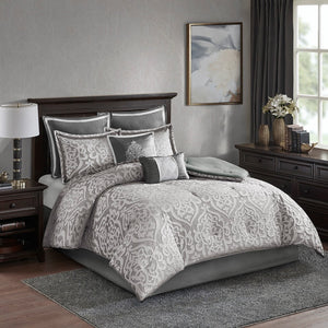 English Elm 8 Piece Jacquard Comforter Set - Luxurious Silver Cal King Set With Elegant Medallion Design & Pillows B035128888