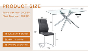 English Elm Table Modern Luxurious Glass Dining Set With 4 Stylish Black Pu Chairs And Silver Metal Legs W1151S04127-GIGA