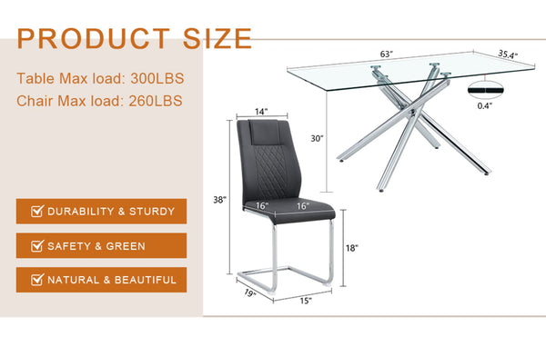 English Elm Table Modern Luxurious Glass Dining Set With 4 Stylish Black Pu Chairs And Silver Metal Legs W1151S04127-GIGA