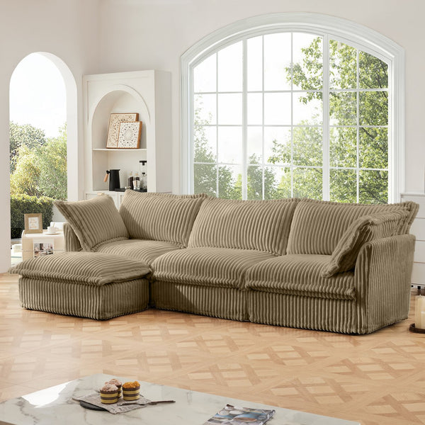 English Elm L-Shaped Slipcovered Sectional Sofa Couch - Luxurious Deep Seat, Convertible Ottoman & Pillows, Camel Corduroy W3041S00067