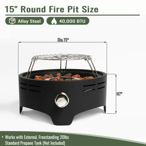 English Elm 15" Propane Tabletop Fire Pit 40,000BTU Steel Round with Lava Rocks, Quick-Connect Regulator & Lid W853P232639