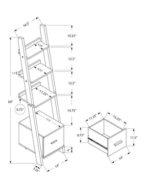 English Elm Bookshelf, Espresso 69" Ladder Etagere with 3 Staggered Shelves, Drawer & Wall-Mount Tipping Hardware Included B2710P219122