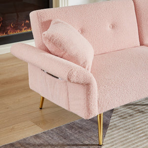 English Elm Modern Teddy Upholstered Loveseat Sofa Bed with Adjustable Backrest, Foldable Armrests & Gold Legs Pink W1117P303443