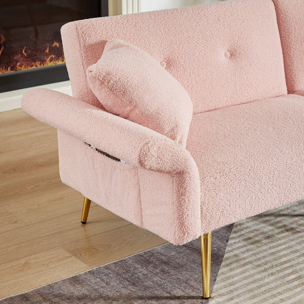 English Elm Modern Teddy Upholstered Loveseat Sofa Bed with Adjustable Backrest, Foldable Armrests & Gold Legs Pink W1117P303443