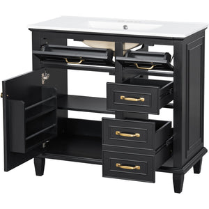 English Elm 36 Inch Bathroom Vanity With Ceramic Sink Top, Solid Wood Frame & Smart Storage Solutions For Style N725P336554B