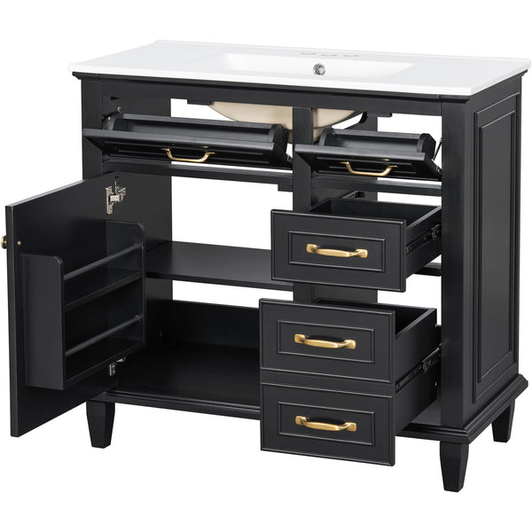 English Elm 36 Inch Bathroom Vanity With Ceramic Sink Top, Solid Wood Frame & Smart Storage Solutions For Style N725P336554B