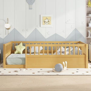 English Elm Twin Montessori Floor Bed Frame for Kids – Pine Playroom Bed with Fence for Reading & Imaginative Play Natural W1580P307880