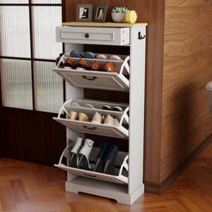 English Elm Shoe Storage Cabinet - Slim Freestanding Organizer With 1 Drawer, 3 Flip Drawers & Adjustable Shelf W1120P290634-GIGA