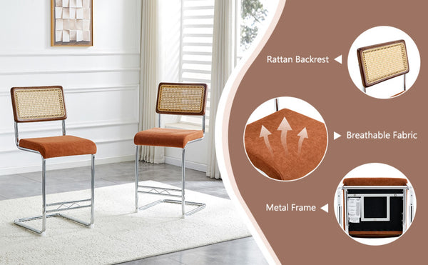 English Elm Natural Rattan Backrest Counter Stools Set of Two with Velvet Seat and Chrome Legs W2920P395621