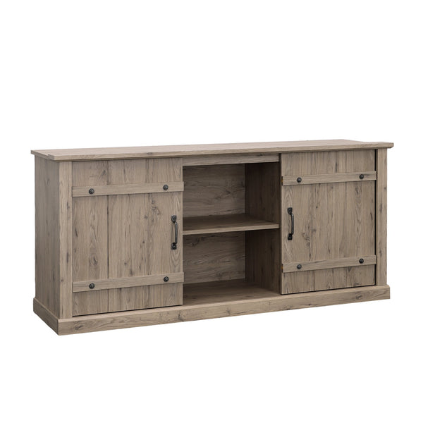 English Elm Credenza, Rustic 70" TV Stand with Sliding Barn Doors, Adjustable Shelves, Cord Management, 62" Plain Light Oak B356P354410