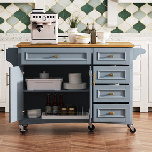English Elm K&K 52" Kitchen Island with Embossed Farmhouse Texture, Drop Leaf, Spice & Towel Racks, Wheels Blue+Grey N707P195393G