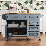 K&K 52'' Kitchen Island w/ Drop Leaf, Embossed Texture, Spice & Towel Rack, 2 Doors, 5 Drawers, Adjustable Shelf, Blue Grey