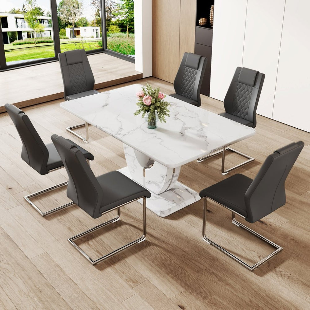 English Elm Table And Chair Set - Modern Marble Pattern Mdf Dining Table With 6 Dark Gray Pu Chairs, Ergonomic Comfort W1151S02186-GIGA