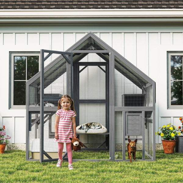 English Elm Cat, Outdoor Wood Enclosure Multi-level Shelter with Platforms Resting Boxes Waterproof Canopy W1598S00039