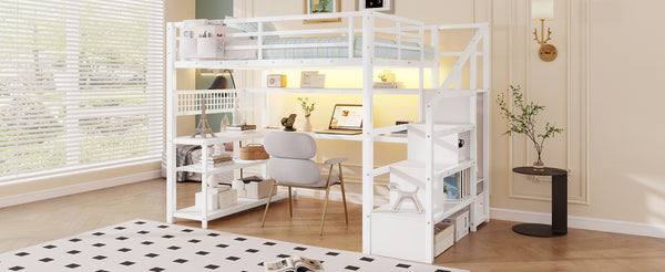 English Elm Full Size Steel Loft Bed with Staircase Storage Wardrobe Desk and Led Lighting White W2593S00059