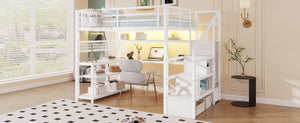 English Elm Full Size Steel Loft Bed with Staircase Storage Wardrobe Desk and Led Lighting White W2593S00078